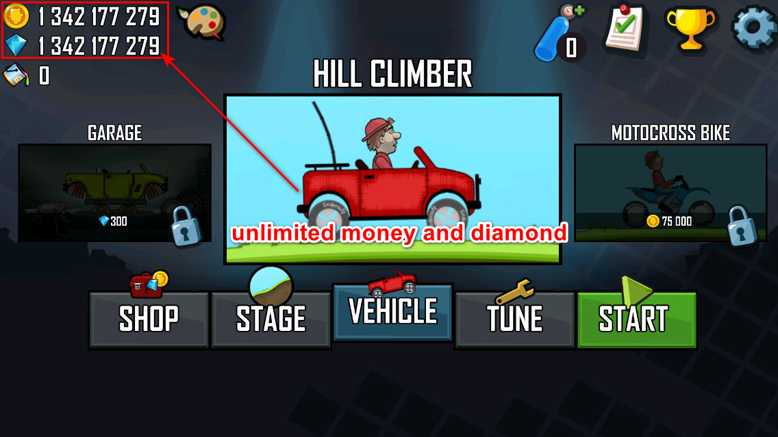 Hill Climb Racing (Unlimited Money Diamond And Fuel)